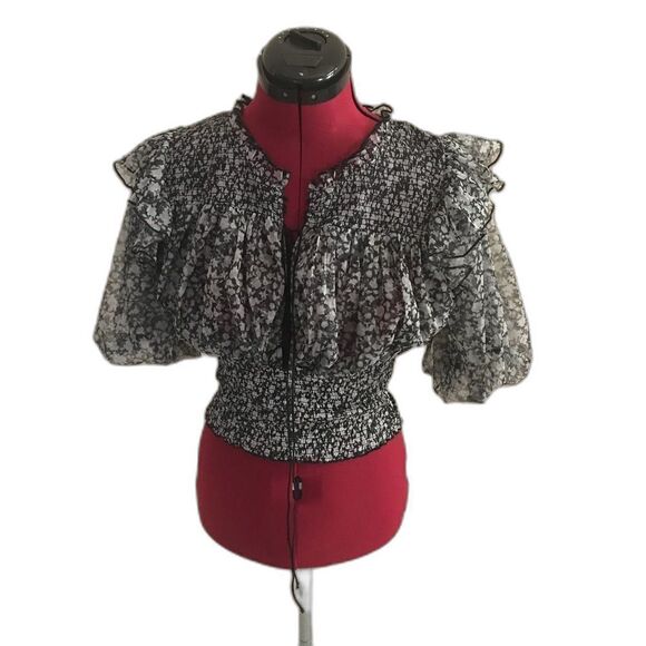 Free People Top Size Small Black Floral Short Puffed Sleeves Cropped NWT - Picture 3 of 5
